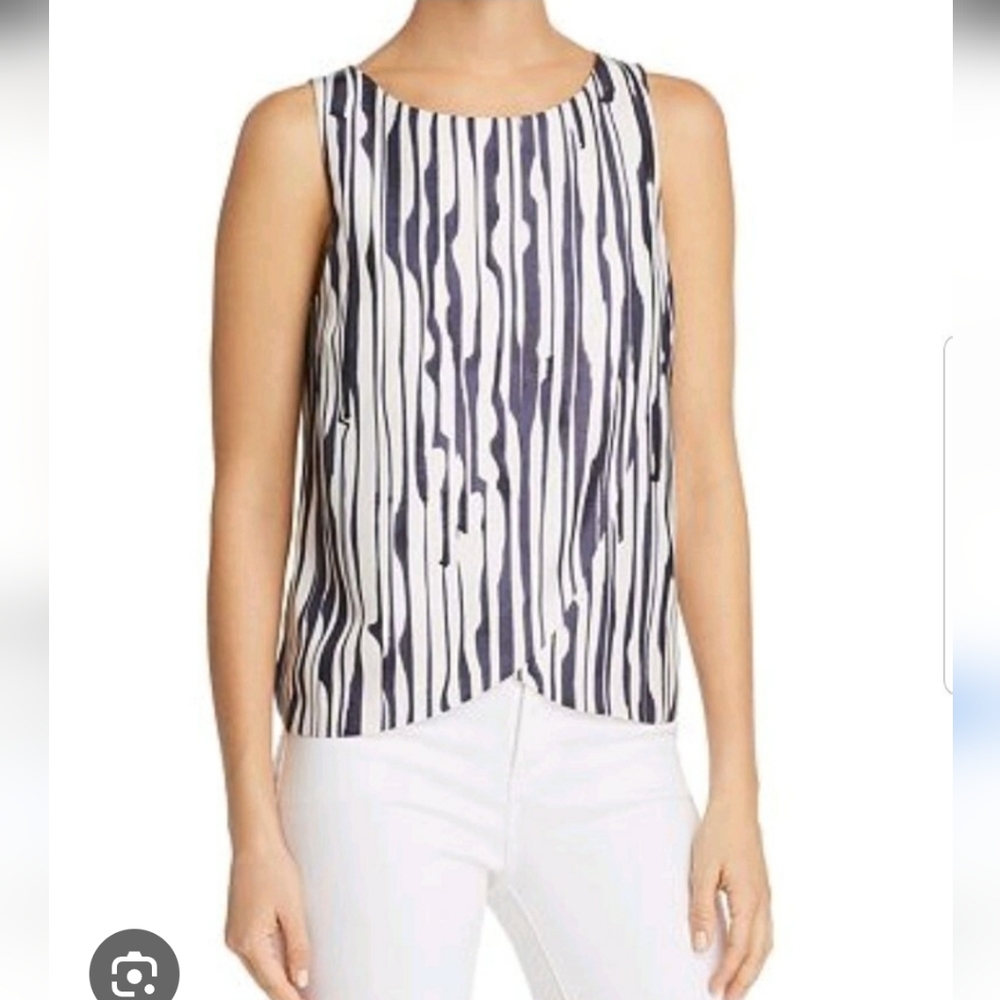 Theory Navy and White Sleeveless Striped Blouse